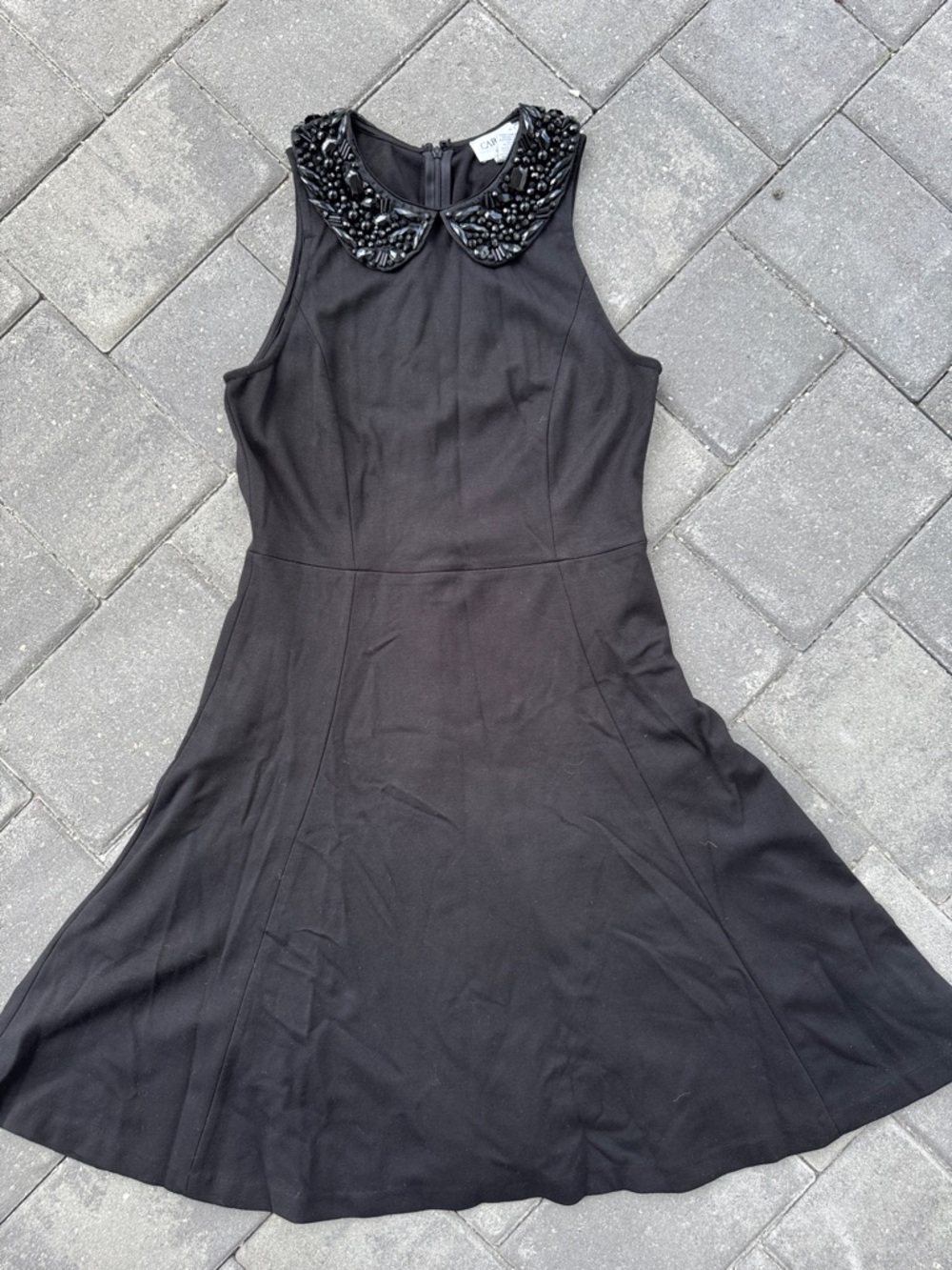 CAbi Black Sleeveless Fit-and-Flare Dress with Beaded Collar